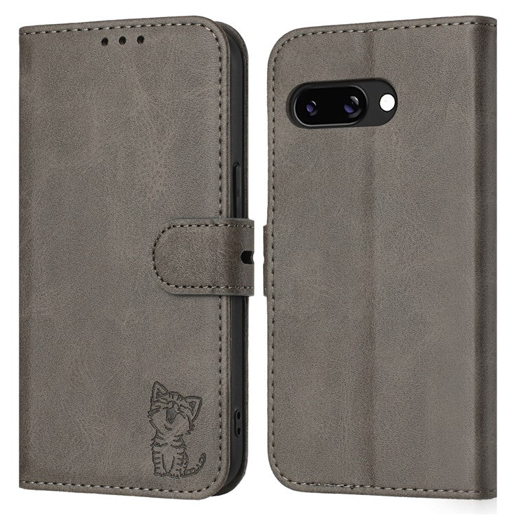 For Google Pixel 9a Case Happy Cat Pattern Imprinted Leather Wallet Phone Cover - Grey