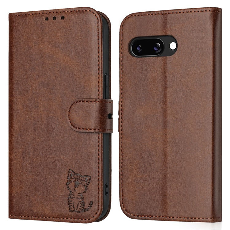 For Google Pixel 9a Case Happy Cat Pattern Imprinted Leather Wallet Phone Cover - Brown