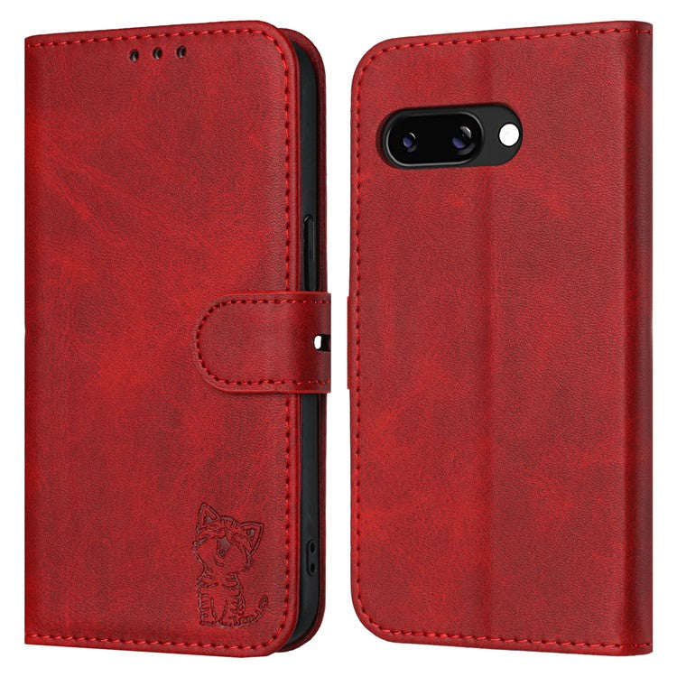 For Google Pixel 9a Case Happy Cat Pattern Imprinted Leather Wallet Phone Cover - Red