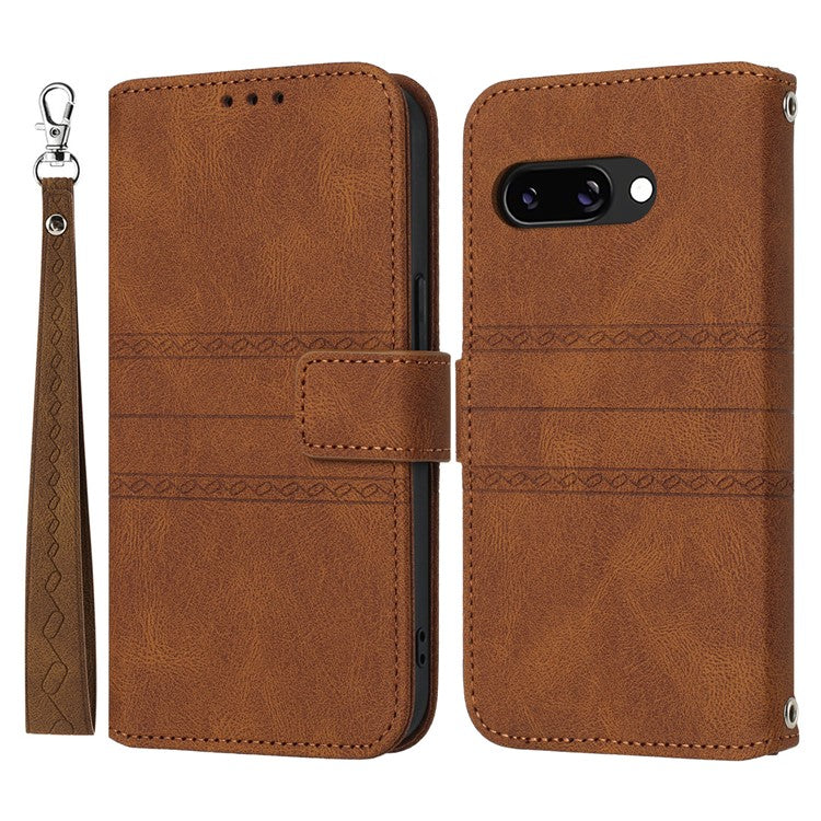 For Google Pixel 9a Case Wallet Skin-Touch Leather Imprinted Phone Cover - Brown