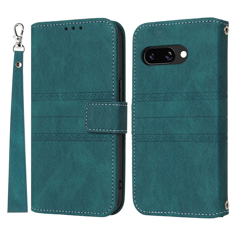 For Google Pixel 9a Case Wallet Skin-Touch Leather Imprinted Phone Cover - Blackish Green