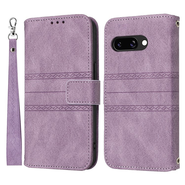 For Google Pixel 9a Case Wallet Skin-Touch Leather Imprinted Phone Cover - Purple