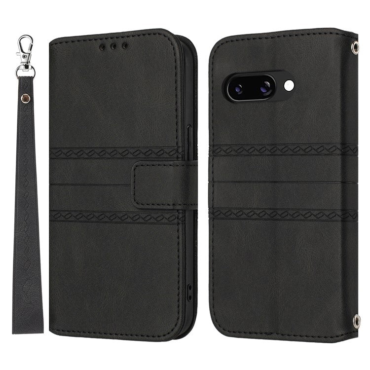 For Google Pixel 9a Case Wallet Skin-Touch Leather Imprinted Phone Cover - Black