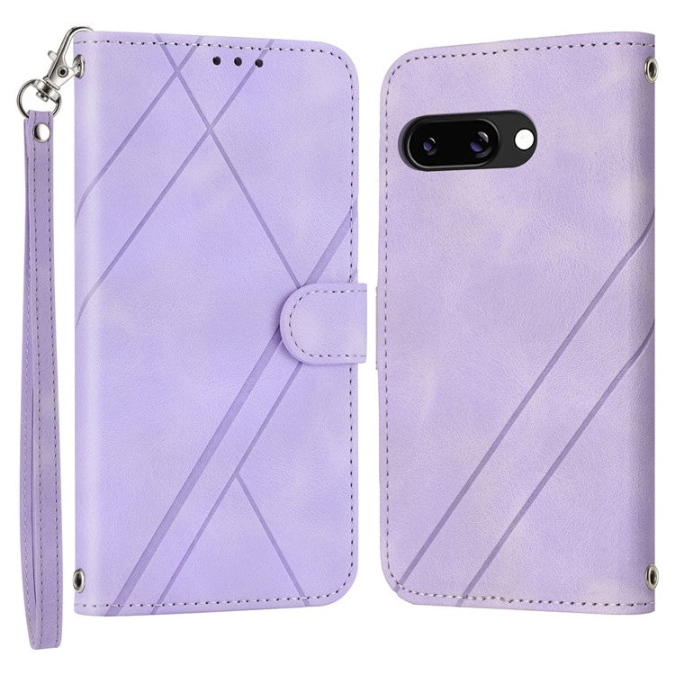 For Google Pixel 9a Case Imprinted Line Leather Phone Cover with Handy Strap - Purple