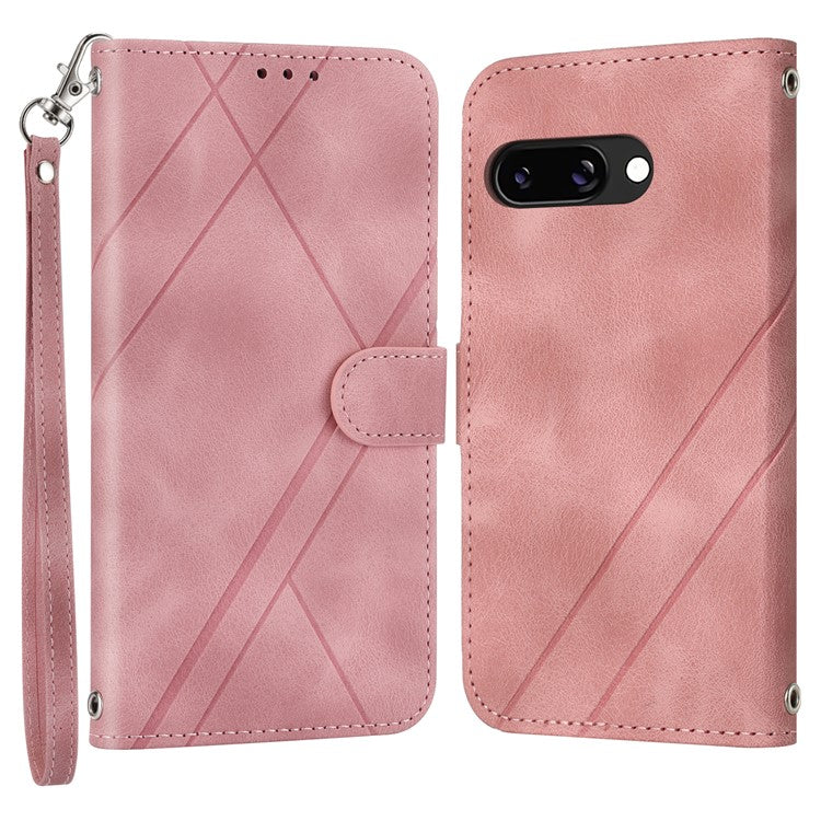 For Google Pixel 9a Case Imprinted Line Leather Phone Cover with Handy Strap - Pink