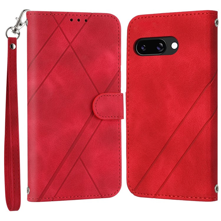 For Google Pixel 9a Case Imprinted Line Leather Phone Cover with Handy Strap - Red