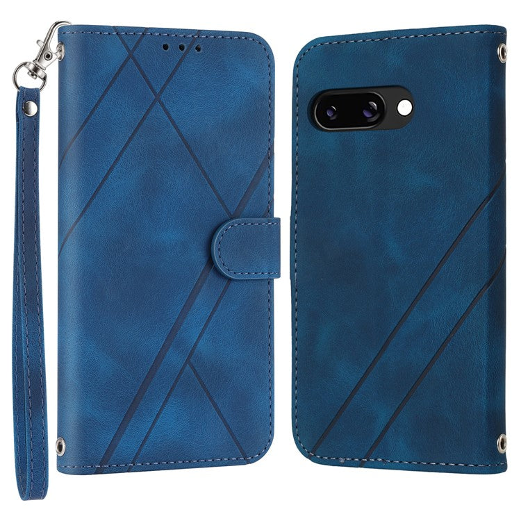 For Google Pixel 9a Case Imprinted Line Leather Phone Cover with Handy Strap - Blue