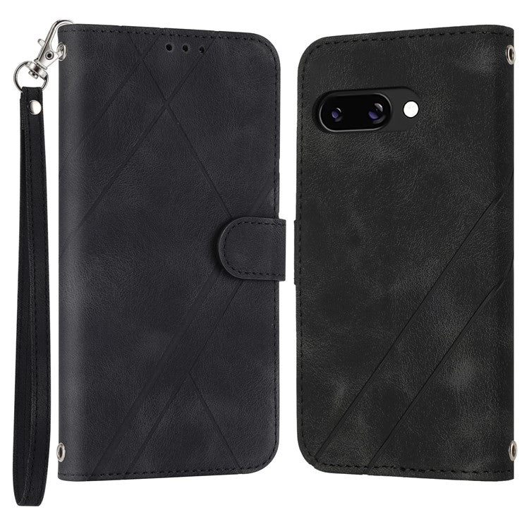 For Google Pixel 9a Case Imprinted Line Leather Phone Cover with Handy Strap - Black