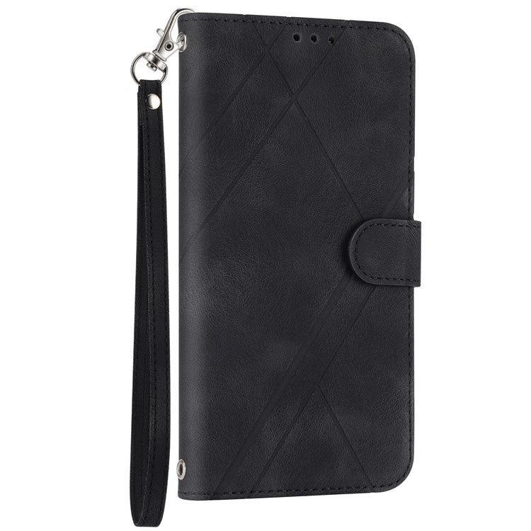 For Google Pixel 9a Case Imprinted Line Leather Phone Cover with Handy Strap - Black