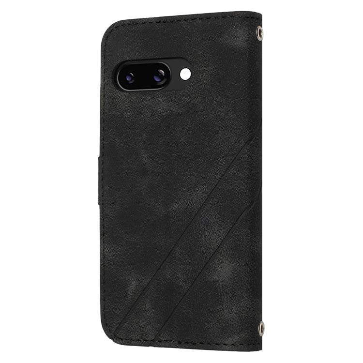 For Google Pixel 9a Case Imprinted Line Leather Phone Cover with Handy Strap - Black