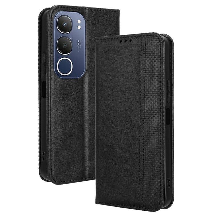 For vivo Y19s 4G Leather Case Wallet Stand Retro Texture Phone Cover - Black