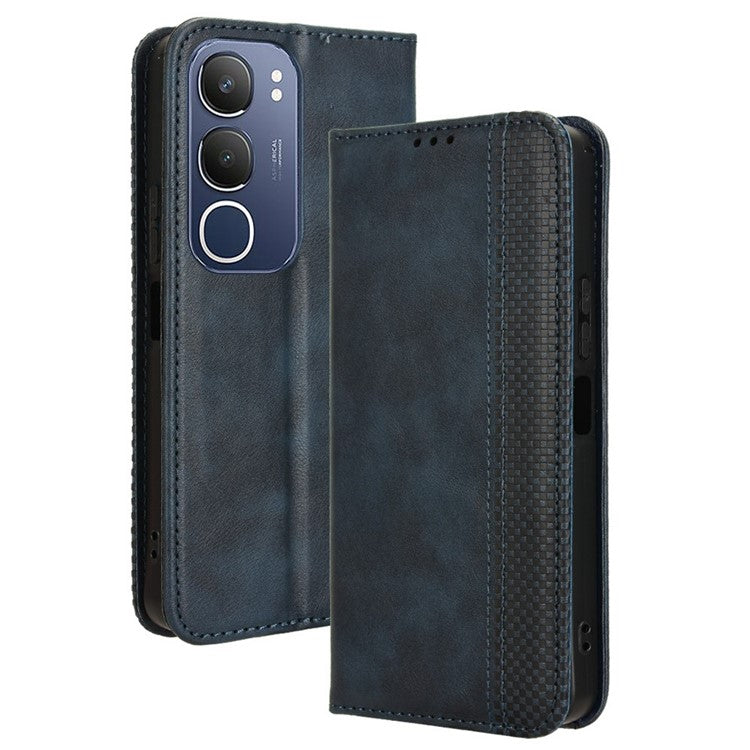 For vivo Y19s 4G Leather Case Wallet Stand Retro Texture Phone Cover - Blue