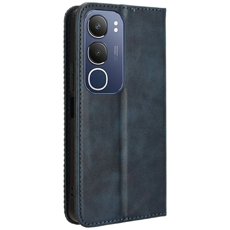 For vivo Y19s 4G Leather Case Wallet Stand Retro Texture Phone Cover - Blue