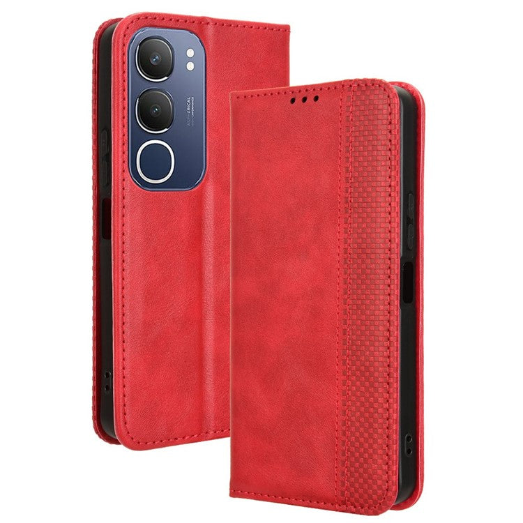 For vivo Y19s 4G Leather Case Wallet Stand Retro Texture Phone Cover - Red