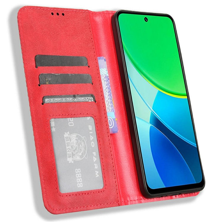 For vivo Y19s 4G Leather Case Wallet Stand Retro Texture Phone Cover - Red