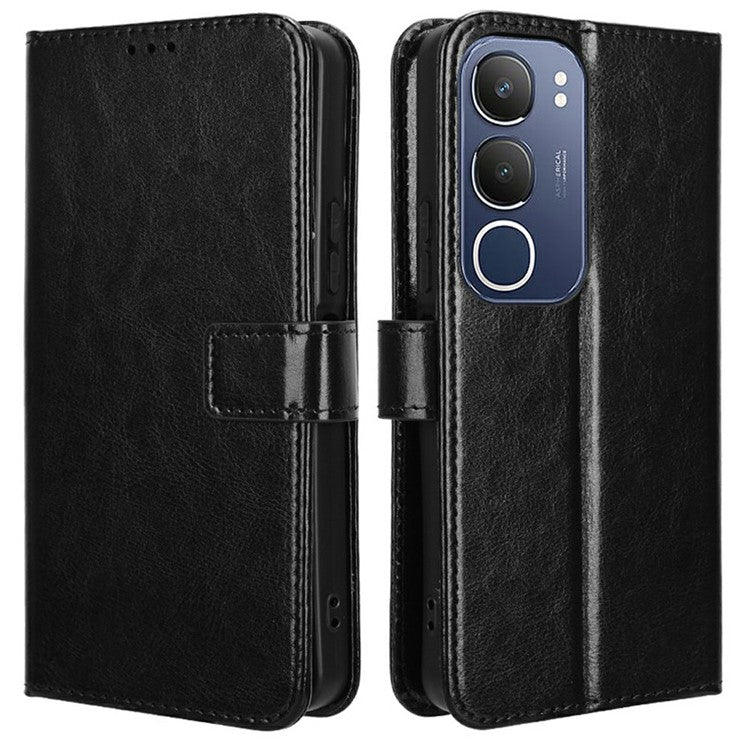 For vivo Y19s 4G Case Crazy Horse Texture PU Leather Phone Wallet Cover - Black