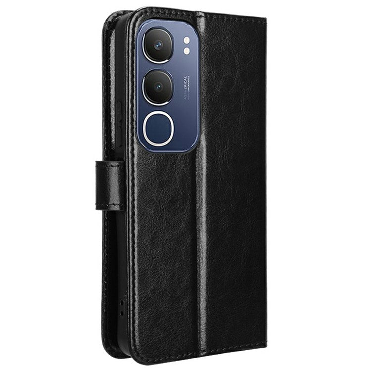 For vivo Y19s 4G Case Crazy Horse Texture PU Leather Phone Wallet Cover - Black