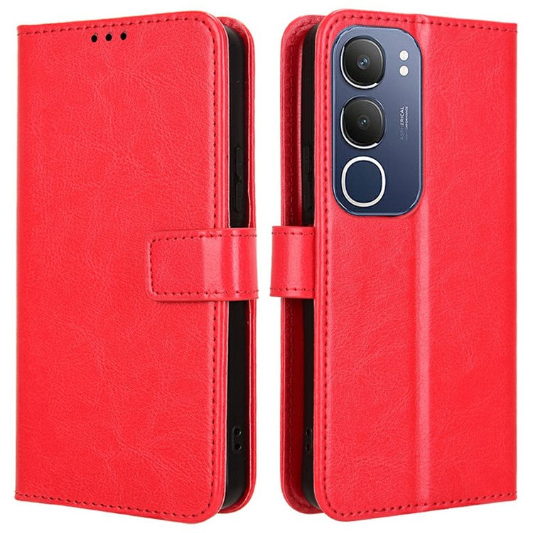 For vivo Y19s 4G Case Crazy Horse Texture PU Leather Phone Wallet Cover - Red