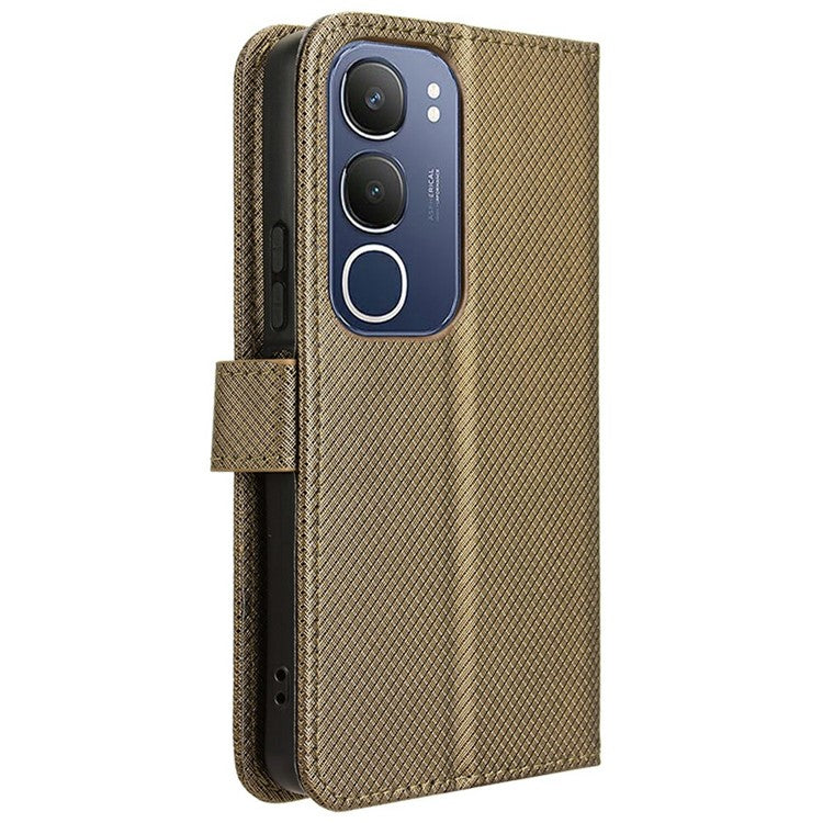 For vivo Y19s 4G Case PU Leather Diamond Texture Wallet Phone Cover - Brown