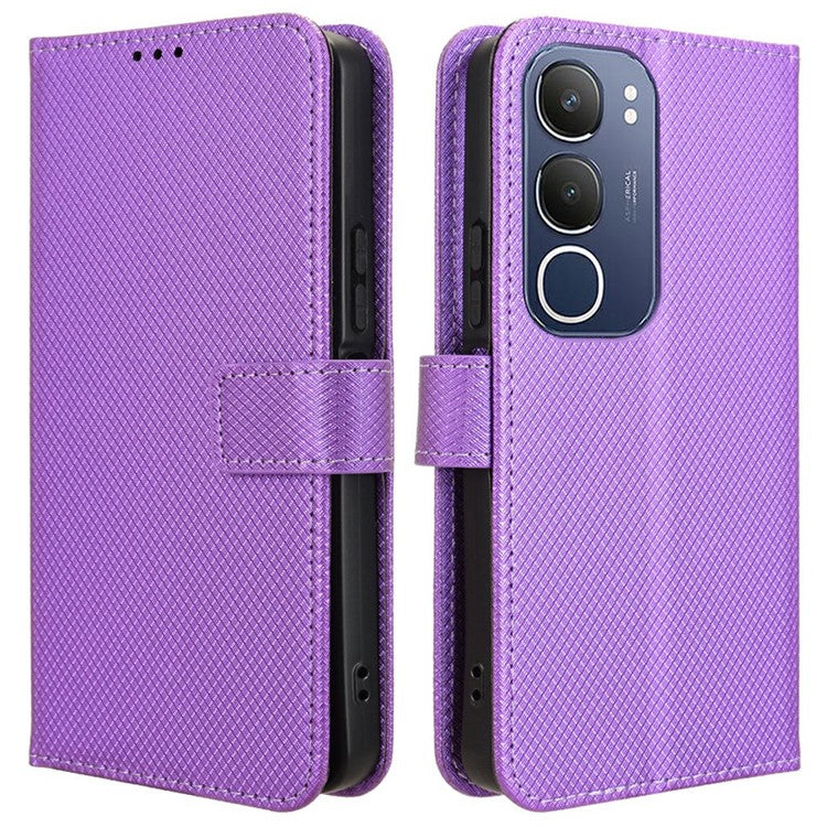 For vivo Y19s 4G Case PU Leather Diamond Texture Wallet Phone Cover - Purple