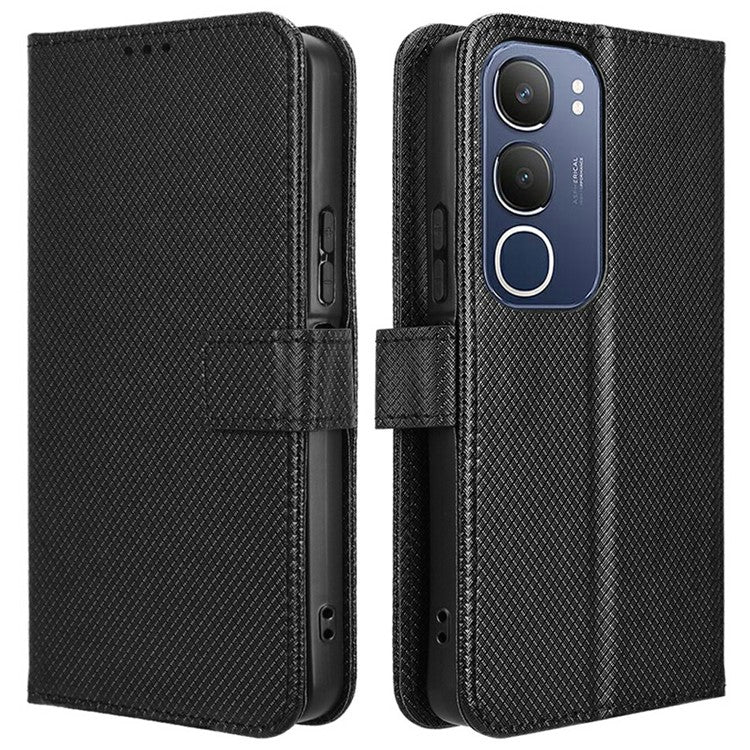 For vivo Y19s 4G Case PU Leather Diamond Texture Wallet Phone Cover - Black