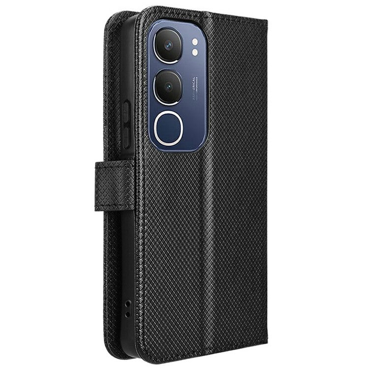 For vivo Y19s 4G Case PU Leather Diamond Texture Wallet Phone Cover - Black