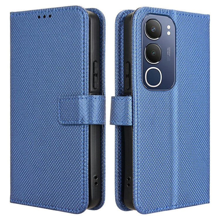 For vivo Y19s 4G Case PU Leather Diamond Texture Wallet Phone Cover - Blue