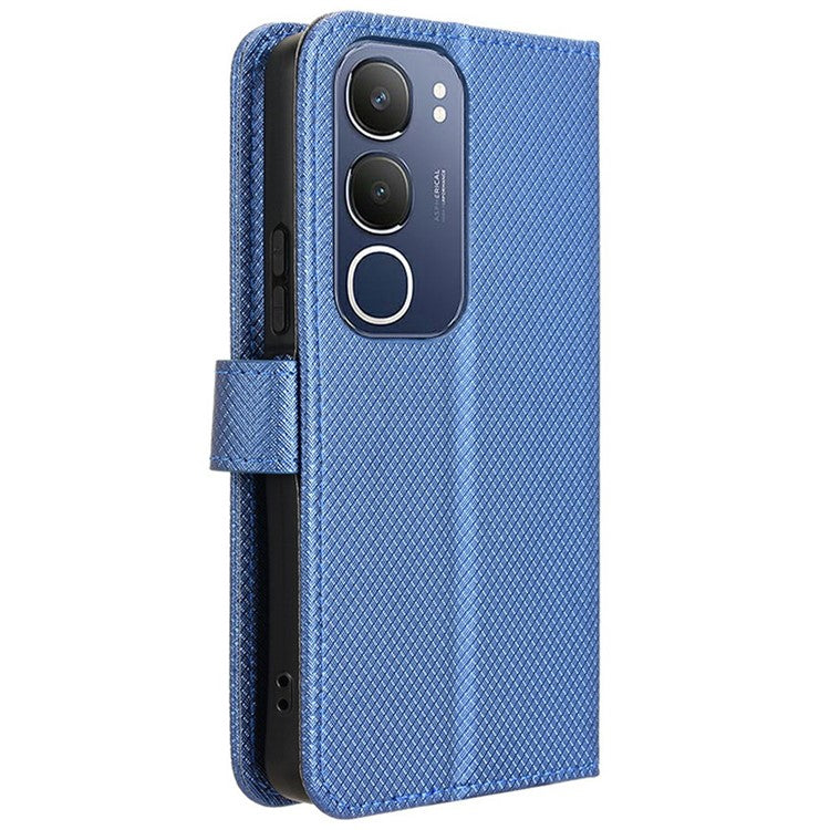 For vivo Y19s 4G Case PU Leather Diamond Texture Wallet Phone Cover - Blue