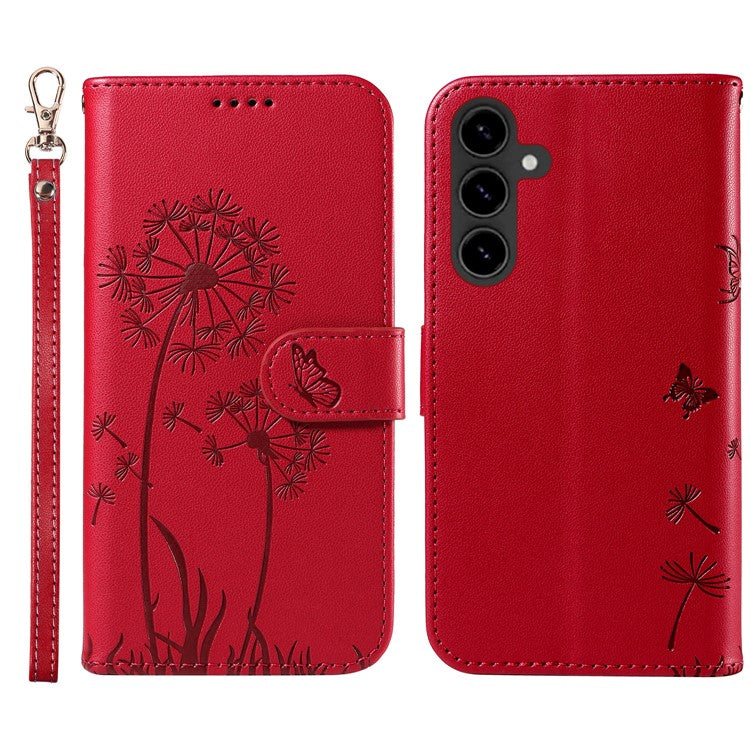 For Samsung Galaxy S24 FE Leather Case Wallet Phone Cover Dandelion Imprint - Red