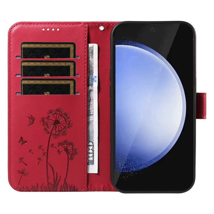 For Samsung Galaxy S24 FE Leather Case Wallet Phone Cover Dandelion Imprint - Red