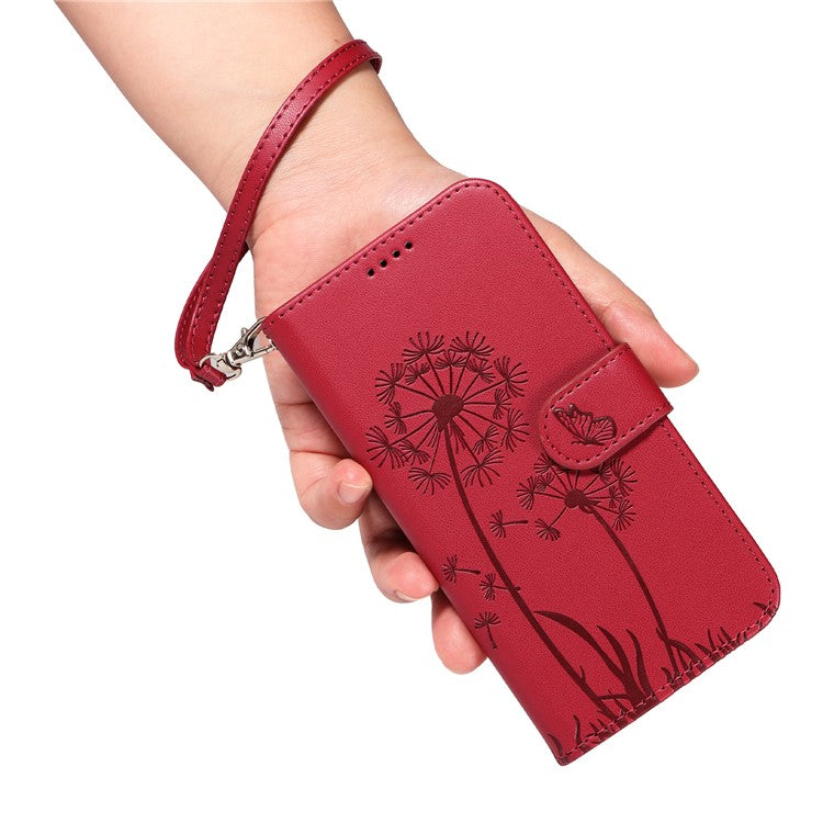 For Samsung Galaxy S24 FE Leather Case Wallet Phone Cover Dandelion Imprint - Red