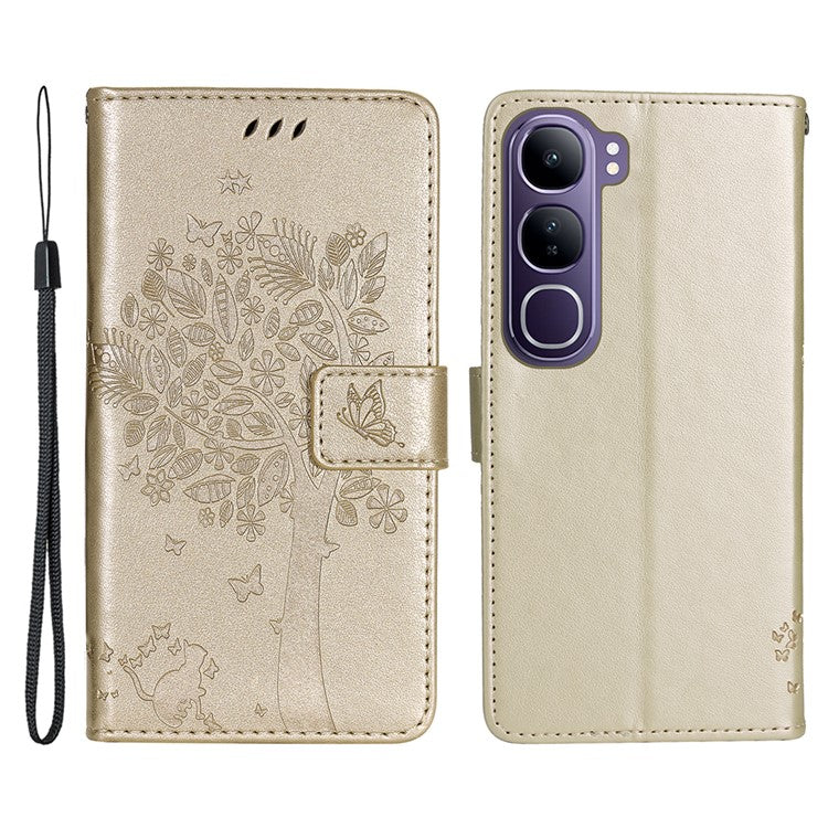 For vivo V40 Lite (Indonesia) 5G / V40 Lite (Indonesia) 4G Case Cat Tree Pattern Flip Leather Phone Cover - Gold