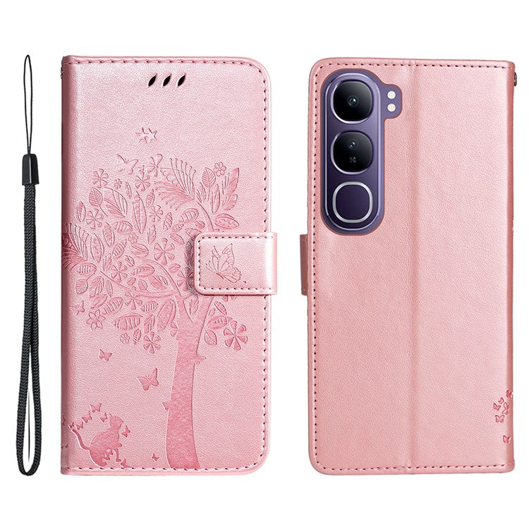 For vivo V40 Lite (Indonesia) 5G / V40 Lite (Indonesia) 4G Case Cat Tree Pattern Flip Leather Phone Cover - Rose Gold