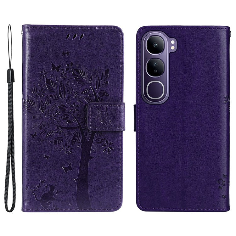 For vivo V40 Lite (Indonesia) 5G / V40 Lite (Indonesia) 4G Case Cat Tree Pattern Flip Leather Phone Cover - Purple