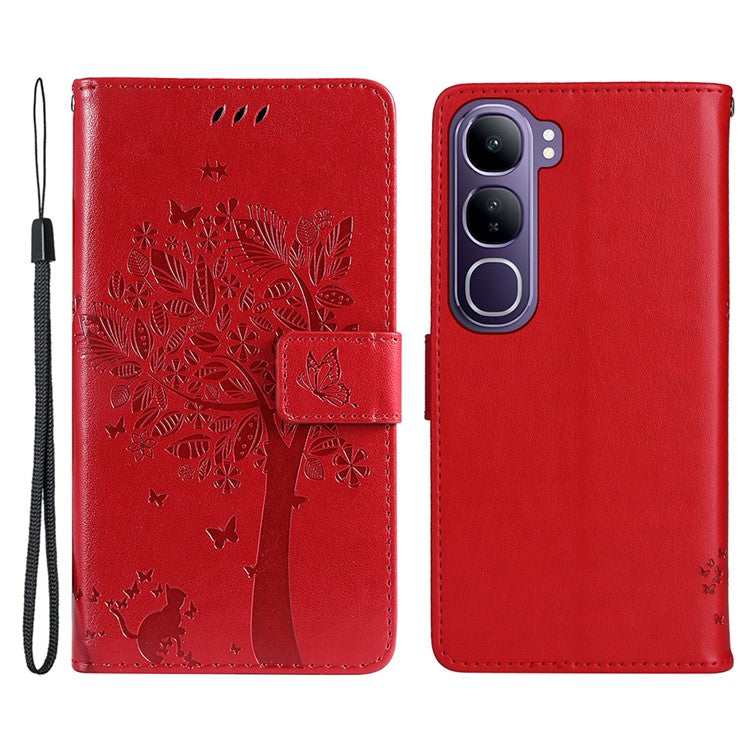 For vivo V40 Lite (Indonesia) 5G / V40 Lite (Indonesia) 4G Case Cat Tree Pattern Flip Leather Phone Cover - Red