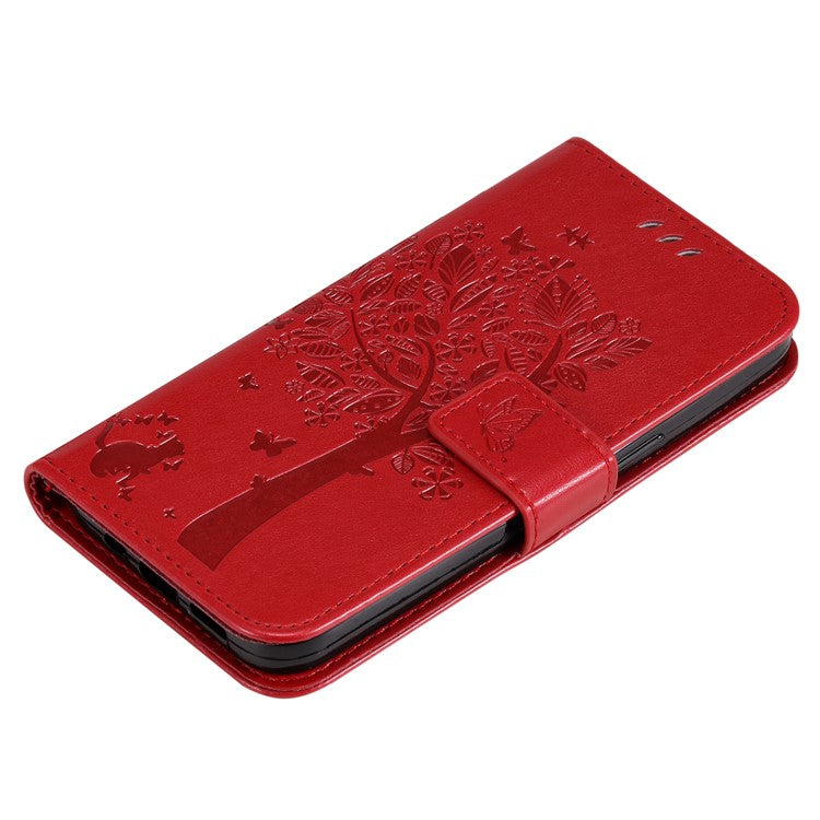 For vivo V40 Lite (Indonesia) 5G / V40 Lite (Indonesia) 4G Case Cat Tree Pattern Flip Leather Phone Cover - Red