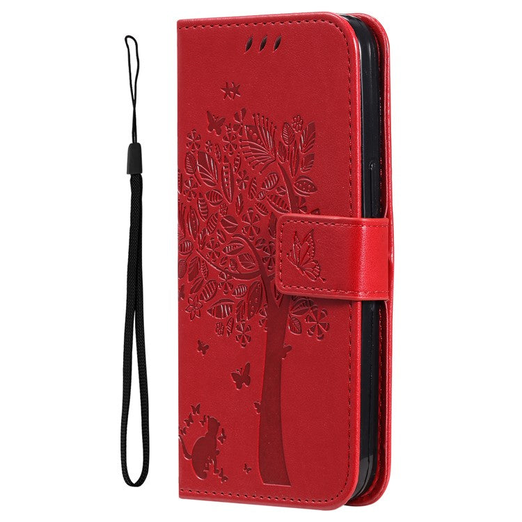 For vivo V40 Lite (Indonesia) 5G / V40 Lite (Indonesia) 4G Case Cat Tree Pattern Flip Leather Phone Cover - Red