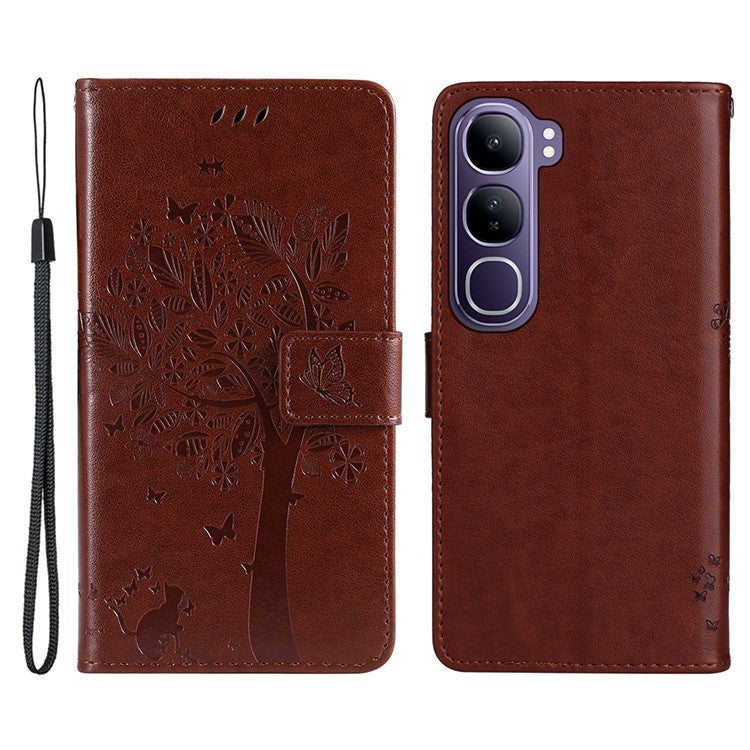 For vivo V40 Lite (Indonesia) 5G / V40 Lite (Indonesia) 4G Case Cat Tree Pattern Flip Leather Phone Cover - Brown