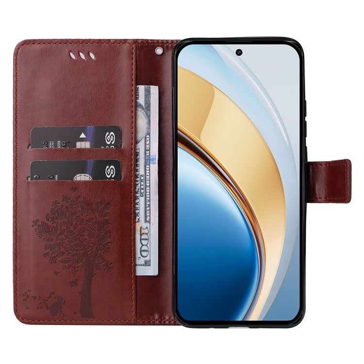 For vivo V40 Lite (Indonesia) 5G / V40 Lite (Indonesia) 4G Case Cat Tree Pattern Flip Leather Phone Cover - Brown