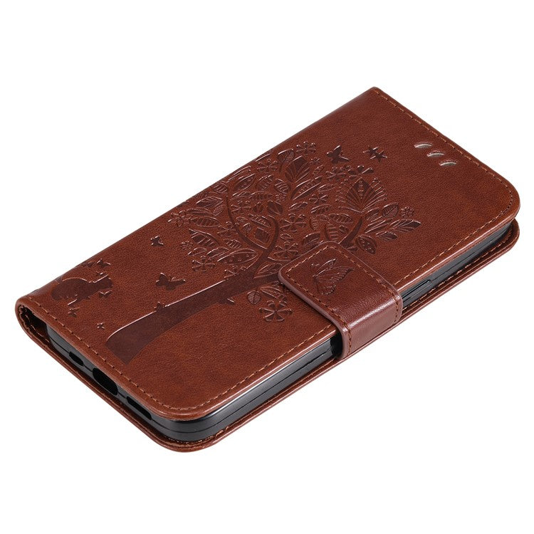 For vivo V40 Lite (Indonesia) 5G / V40 Lite (Indonesia) 4G Case Cat Tree Pattern Flip Leather Phone Cover - Brown