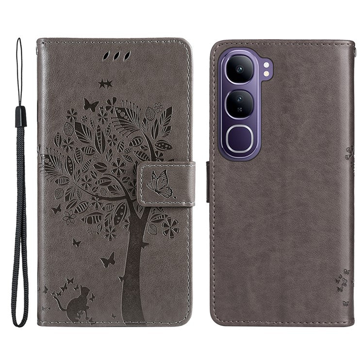 For vivo V40 Lite (Indonesia) 5G / V40 Lite (Indonesia) 4G Case Cat Tree Pattern Flip Leather Phone Cover - Grey