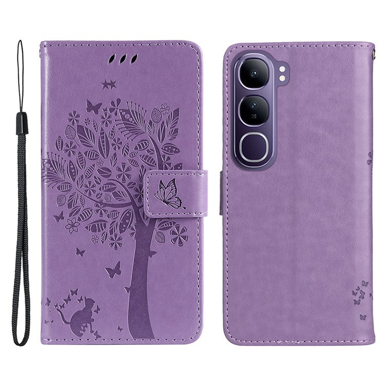 For vivo V40 Lite (Indonesia) 5G / V40 Lite (Indonesia) 4G Case Cat Tree Pattern Flip Leather Phone Cover - Light Purple