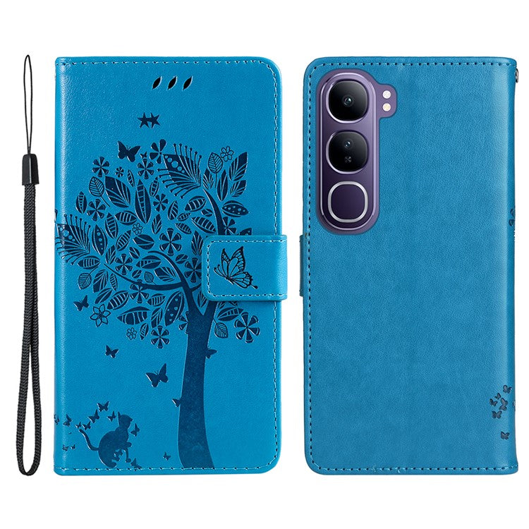 For vivo V40 Lite (Indonesia) 5G / V40 Lite (Indonesia) 4G Case Cat Tree Pattern Flip Leather Phone Cover - Blue