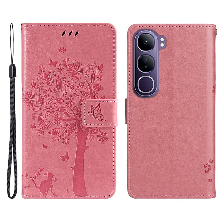 For vivo V40 Lite (Indonesia) 5G / V40 Lite (Indonesia) 4G Case Cat Tree Pattern Flip Leather Phone Cover - Pink