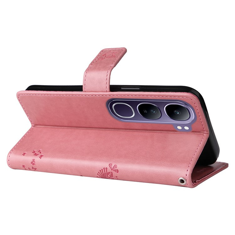 For vivo V40 Lite (Indonesia) 5G / V40 Lite (Indonesia) 4G Case Cat Tree Pattern Flip Leather Phone Cover - Pink