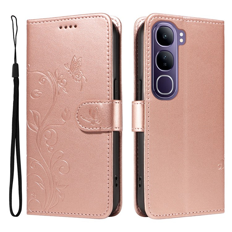 For vivo V40 Lite (Indonesia) 5G / V40 Lite (Indonesia) 4G Case Flower Pattern PU Leather Wallet Phone Cover - Rose Gold