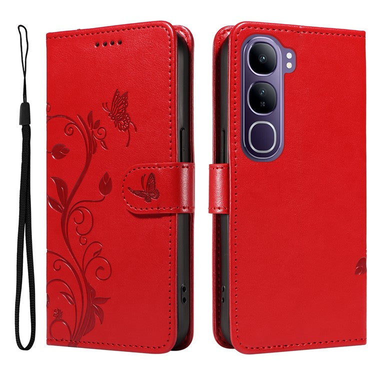 For vivo V40 Lite (Indonesia) 5G / V40 Lite (Indonesia) 4G Case Flower Pattern PU Leather Wallet Phone Cover - Red