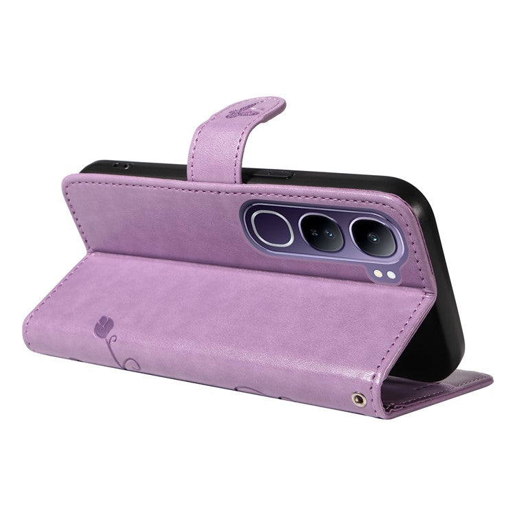 For vivo V40 Lite (Indonesia) 5G / V40 Lite (Indonesia) 4G Case Flower Pattern PU Leather Wallet Phone Cover - Light Purple