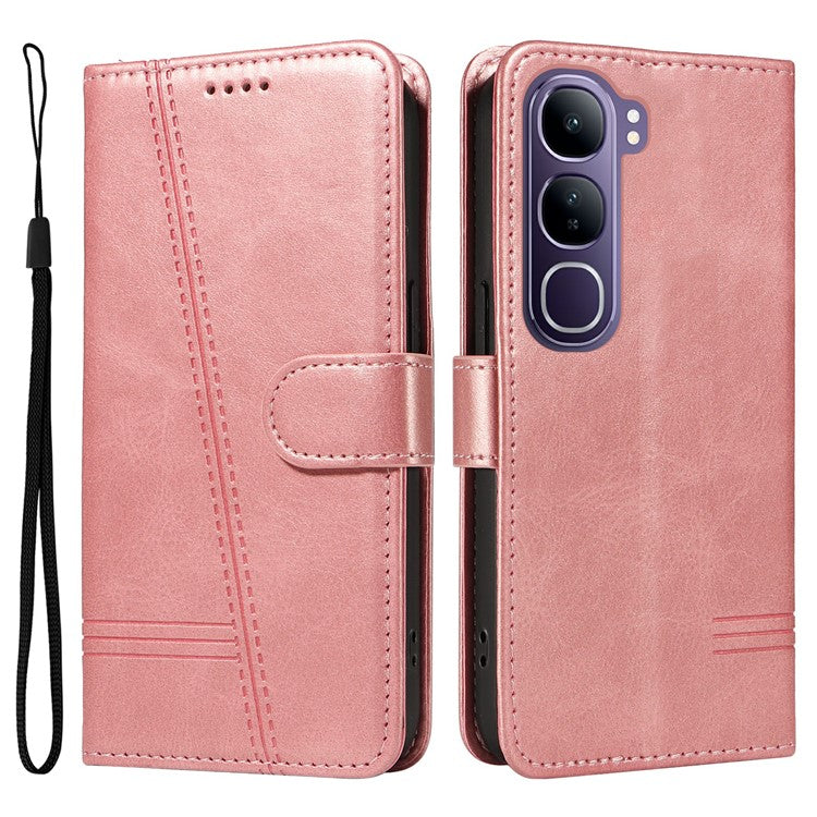 For vivo V40 Lite (Indonesia) 5G / V40 Lite (Indonesia) 4G Wallet Phone Case T-Shape Lines Leather Cover - Rose Gold