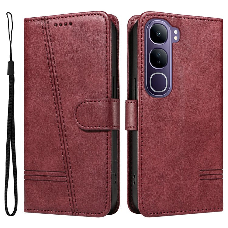 For vivo V40 Lite (Indonesia) 5G / V40 Lite (Indonesia) 4G Wallet Phone Case T-Shape Lines Leather Cover - Wine Red